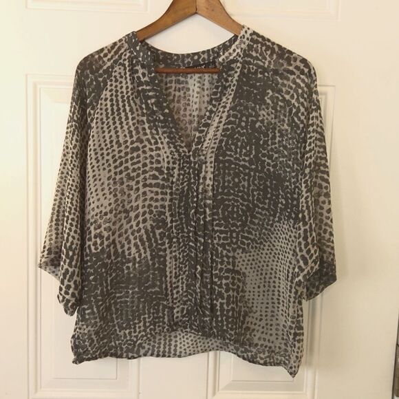 a. n. a charcoal gray and off white animal print 3/4 sleeve semi sheer blouse - Picture 10 of 12